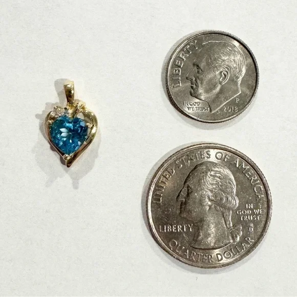 10K Swiss Blue Topaz heart cut cz petite elegant yellow gold open heart pendant - Picture 10 of 11